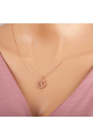 925 Ayar Gümüş Rose Kalpli Dört Yapraklı Yonca Kadın Kolye Gümüş