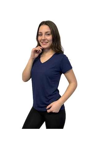 Thiff Gymwear Kadın Kısa Kollu V Yaka Basic Tişört T-shirt 3'lü Set Kahverengi - Beyaz - Lacivert