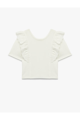 Koton Kısa Kollu Bisiklet Yaka Fırfırlı Brodeli Crop Tişört Ekru 6skg10498ak