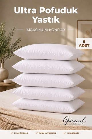 Fluffy 5'li Silikon Elyaf Dolgulu Yastık Set 800 Gr Ultra Yumuşak Dolgun 50x70 Cm - 5 Adet Yastık Beyaz