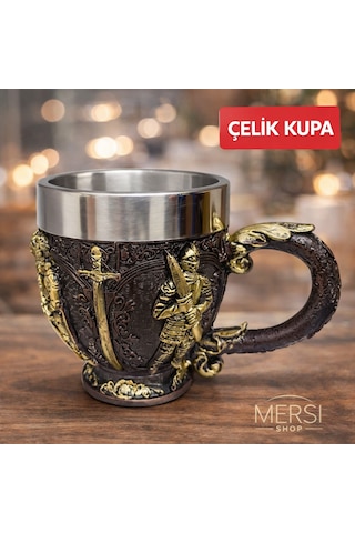 Şövalye Kabartmalı 3d Paslanmaz Çelik Kupa Bardak Orta Çağ Temalı Dekoratif Kupa Altın - Gümüş