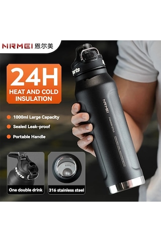 1l Termos Su Şişesi Paslanmaz Çelik Vakum Şişeler Soğuk Sıcak Su Diğer Siyah