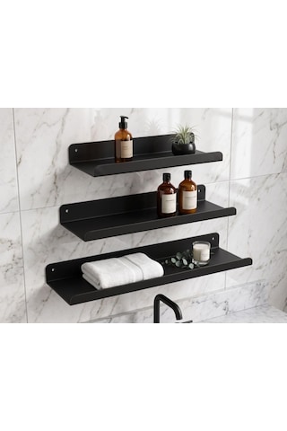 Orret Home 3'lü Metal Duvar Rafı Yapışkanlı Raf Seti Banyo Rafı Mutfak Rafı Dekoratif Duvar Rafı Siyah Minimal R Diğer