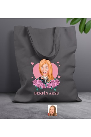 Bk Gift Kişiye Özel Anneler Günü Karikatürlü Antrasit Kumaş Bez Çanta, Baskılı Omuz Çantası, Alışveriş Çantası, Anneye Hediye-2 Antrasit