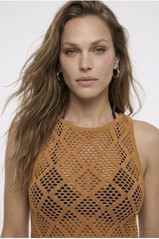 Neden Tekstil Dantel Görünümlü Ajurlu Beachwear Crop Top Ve Yırtmaçlı Uzun Etek Triko Takım - Safran