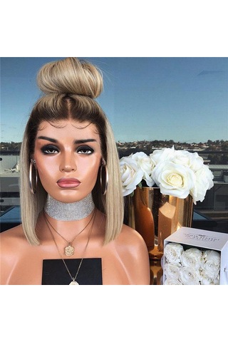 Kadınlar Bob Tarzı Düz Saç Peruk Sentetik Gradyan Sarı Saç Isıya Dayanıklı Kısa Peruk