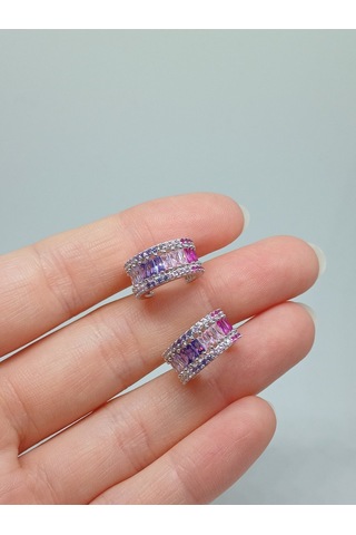 925 Ayar Gümüş Renk Geçişli Baget Taşlı Halka Küpe Çivi Model Gümüş