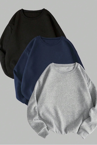 Unisex 3'lü Lacivert Gri Siyah Bisiklet Yaka Oversize Sweatshirt Siyah Gri Laci