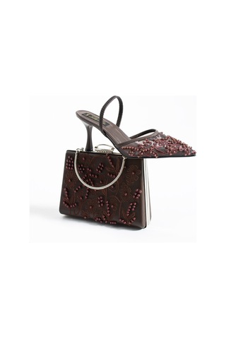 Lebibe Shoes Meggıe Kahve Ayakkabı Çanta Kombin Sivri Burun 7cm Topuklu İncili Slingback Ayakkabı Ve Çanta Seti Kahverengi