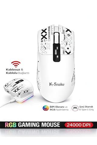 Kablosuz Oyuncu Mouse 24000 Dpı 1000hz Rgb Şarj İstasyonlu Dijital Göstergeli Gaming Mouse Beyaz