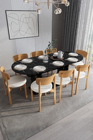 Modern 8 Kişilik Mutfak Yemek Masası Ve Sandalye %100 Mdf Mutfak Yemek Odası Masası Takımı Ymt08 Royal Mermer