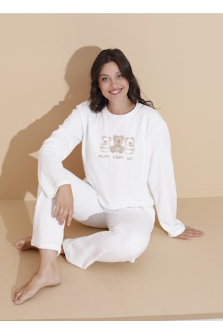 Mr 9010 Havlu Kumaş Ayıcık Nakışlı Kışlık Kadın Eşofman Pijama Takımı Beyaz
