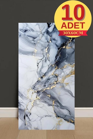 10 Adet 30x60cm Mavi Gold Mermer Desen Yapışkanlı Köpük Duvar Paneli Kağıdı Banyo,tezgah Ara Tx-6969 Mavi