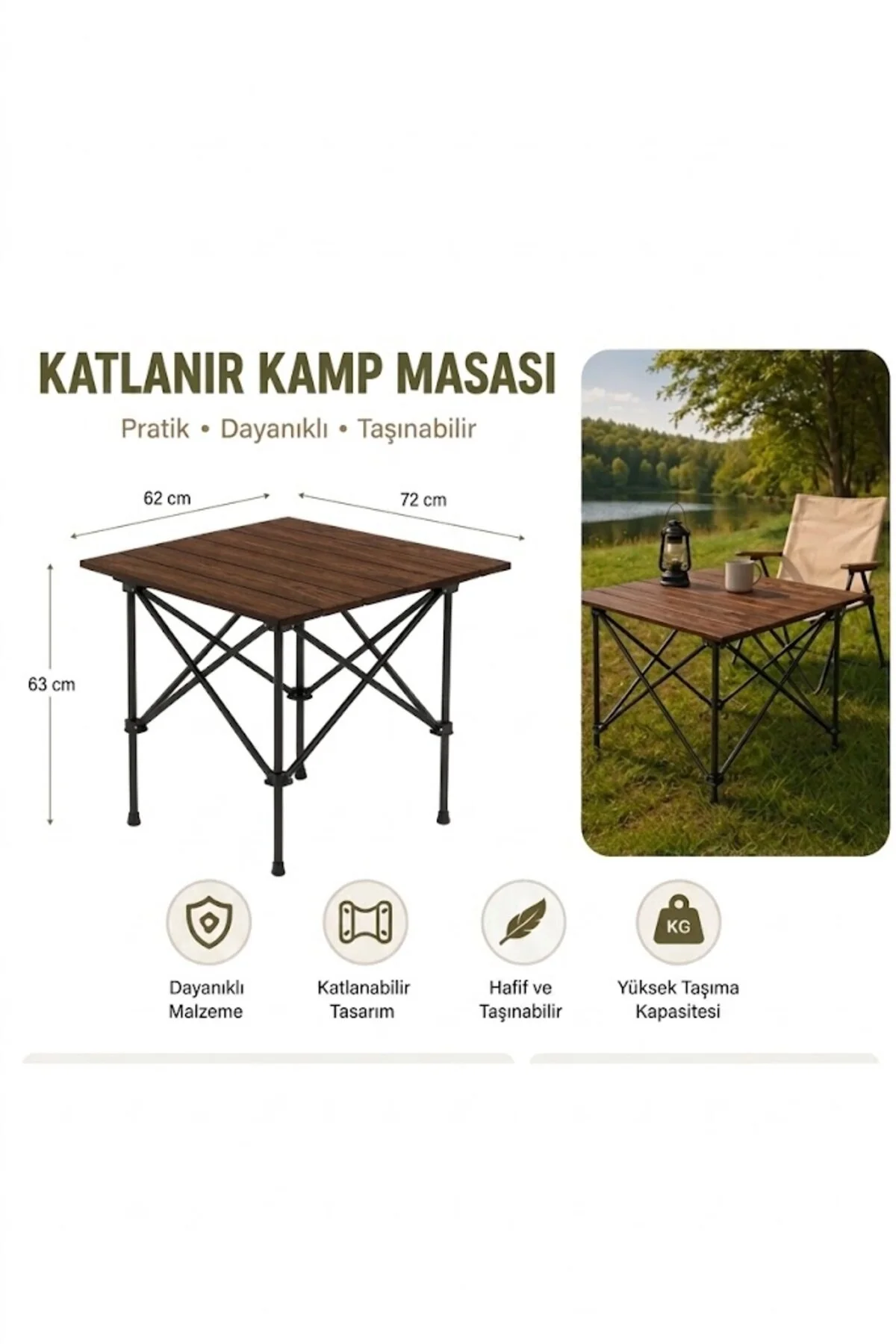 Greenwolf Ahşap Katlanabilir Omuz Askılı Taşıma Çantalı L -kamp - Piknik - Bahçe - Balkon Masası 2mm Profil Kalınlığı Ceviz