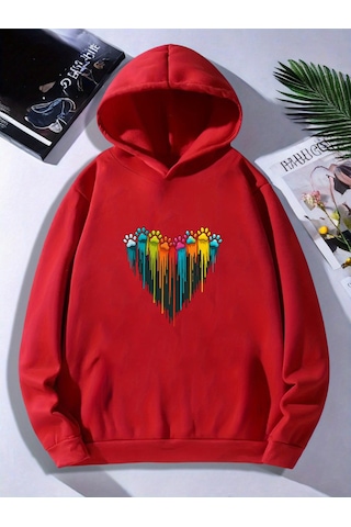 Uyguntarz Unisex Sevimli Pati Kalp Baskılı Oversize Genel Kırmızı