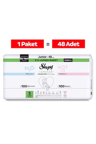 Sleepy Natural Double Soft Avantajlı Mega Paket Bebek Bezi 5 Numara Junior 48 Adet