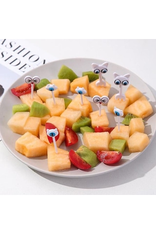 8 Adet Sevimli Kedi Gözü Meyve Çatalı Yaratıcı Hayvan Meyve Çubukları Mini Karikatür Bento Çocuk Dekorasyonu Ev Çok Renkli