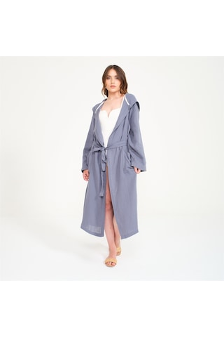 Unisex Kapüşonlu Uzun Müslin Bornoz-Antrasit