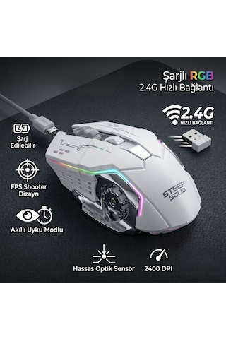 Rgb Gaming Kablosuz Mouse Beyaz Şarjlı, 2.4g Hız, 2400 Dpı Hassas Optik Sensör, Sağ Ve Sol El Uyumlu Diğer