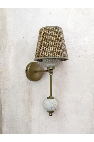 Didim Metal Aplik Eskitme Statik Boyalı Rattan Kahverengş Şapkalı Krem Rengi Çini Top- Cam Arkalı Krem