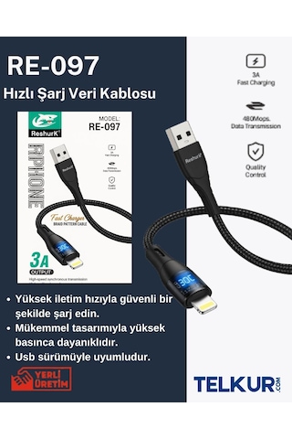 Ferro Reshurk Re-097 Usb-c & Lightning Metal Uclu Ledli 1000cm 3a Hızlı Data - Şarj Hasır Kablo