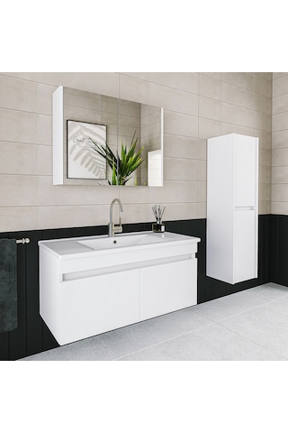 Banos Tm3 Lavabolu Beyaz 100 Cm Aynalı Banyo Dolabı Takımı Beyaz