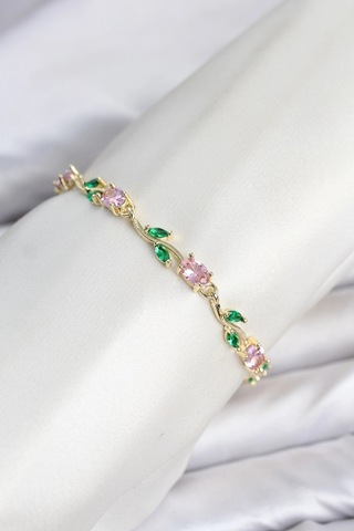 Pirinç Gold Renk Pembe Zirkon Taşlı Çiçek Model Kadın Bileklik Renkli