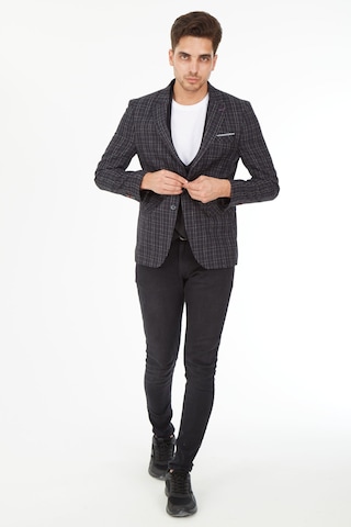 Sposo 5140 Yelekli Dar Kalıp Siyah Ekose Erkek Blazer Ceket Siyah