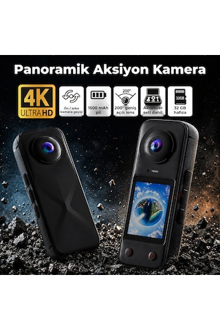 X5 Pro 360 Derece Aksiyon Kamera 4k Çift Lensli 2 X 200 Geniş Açı Ips Ekranlı Panoramik Mavi