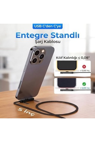 Yeni Pro Tech 240w Destekli Standlı 1,5metre Siyah Hasır Kablo Type-c Girişli Şarj Kablosu