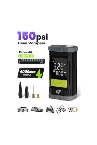 7a6 Turbo Boost Şarjlı Hava Pompası 150 Psı Taşınabilir Lastik Şişirme Kompresörü 4000mah Powerban
