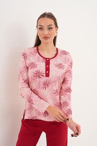 Çift Kaplan Kadın Pamuk Palmiye Desenli Patlı Bordo Pijama Takımı 7025 Bordo