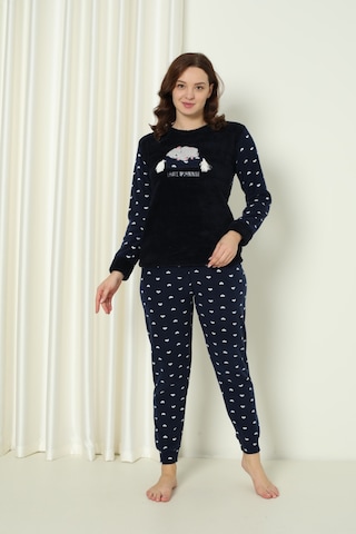 Wordex Fawn 5006 Peluş Welsoft Polar Kışlık Yumoş Kadın Pijama Takımı Uyuyan Kedili 3317 Lacivert