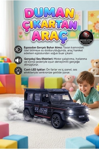 Duman Çıkaran 3 Buton Fonksiyonlu Işıklı Müzikli Sesli Sürtmeli 4x4 Arazi Aracı Temalı Oyuncak Araba Siyah
