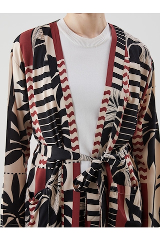 Lcw Modest Siyah Şal Yaka Desenli Oversize Kadın Kimono
