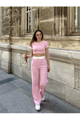 Crop Pantolon Biyeli Takım Pembe Pembe