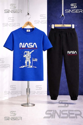 Ss Sinser Çocuk Astronot Beyz Ust Nasa Yazı Baskılı Tişort Eşofman Takımı Mavi - Siyah