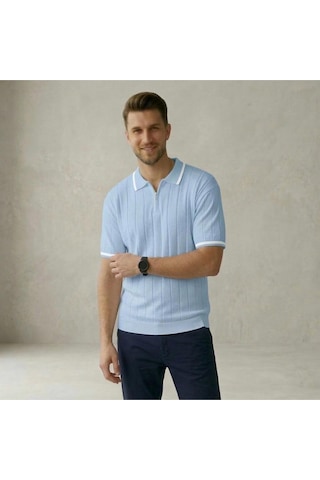 Fermuarlı Polo Yaka Kısa Kollu Triko T-shirt Bebe Mavi