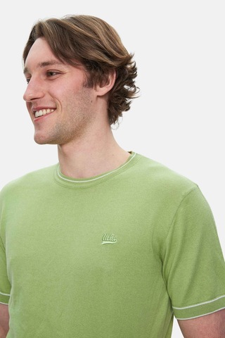 Fared Duman Yeşili Bisiklet Yaka Triko Nakışlı Standard Fit Erkek Tshirt Duman Yeşili