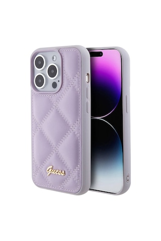 Apple Uyumlu iPhone 15 Pro Kılıf Guess Lisanslı Pu Deri Metal Yazı Logolu Kapitone Kapak