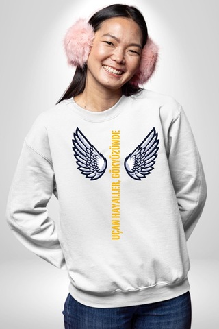 Uçan Hayaller Gökyüzünde Melek Kanatları Unisex Beyaz Sweatshirt Beyaz