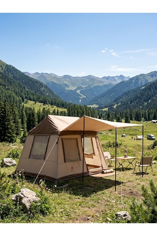 Shufa 260 220 200 Cm Otomatik Şişme Kamp Çadırı, Yağmur Brandası Ve 330 270 Cm Bağlantılı Gölgelik Dahil, 2 Büyük Şeffaf Tavan Pencereli, Aile Outdoor Kamp Çadırı Bej