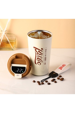 Mufunye Akıllı Sıcaklık Ölçer Çelik Çift Katlı Termos Bardak - Ofis Ve Araç İçin Taşınabilir, 510ml Beyaz Bej
