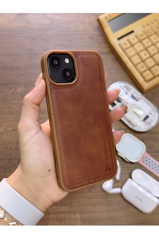 Apple iPhone 13 Uyumlu Premium Deri Dokulu Darbelere Karşı Dayanıklı Nazal Silikon Kılıf Kahverengi