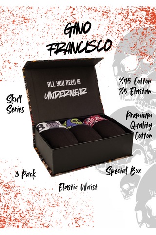 Gino Francisco Skull Serisi Erkek Boxer 3'lü Premium Hediye Kutulu %95 Pamuklu Elastik Boxer Seti Çok Renkli