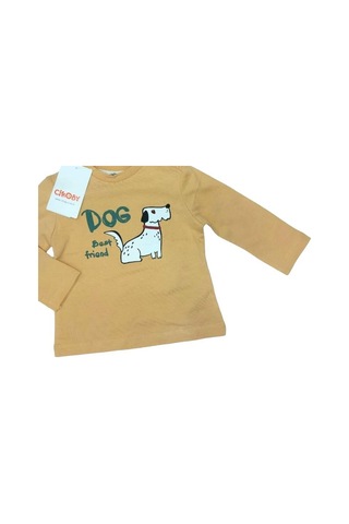 Çikoby Erkek Bebek Pamuklu Köpek Baskılı Yandan Çıtçıtlı Tshirt-13515-hardal Hardal