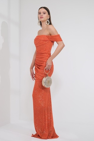 Explosion Tek Omuz Maxi Pırıltılı Gece Elbisesi - Özel Günler İçin Turuncu