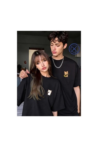 Nevermind Sevgili Kombin Tişörtü Müzik Yapan Kedi Baskılı Unisex Oversize % Siyah