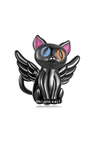 Novahub Siyah 925 Ayar Gümüş Melek Kedi Charms Kolye Kadınlar İçin Orijinal Takı Siyah