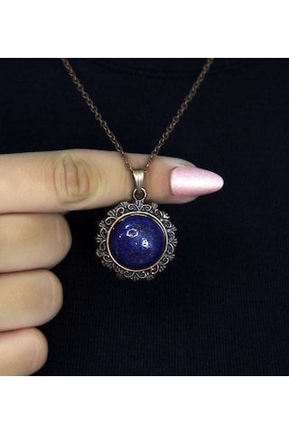 Doğal Taş Lapis Doğal Taşlı Desenli Otantik Kadın Kolye 45 Cm Zincirli Euk28lps2 Mavi